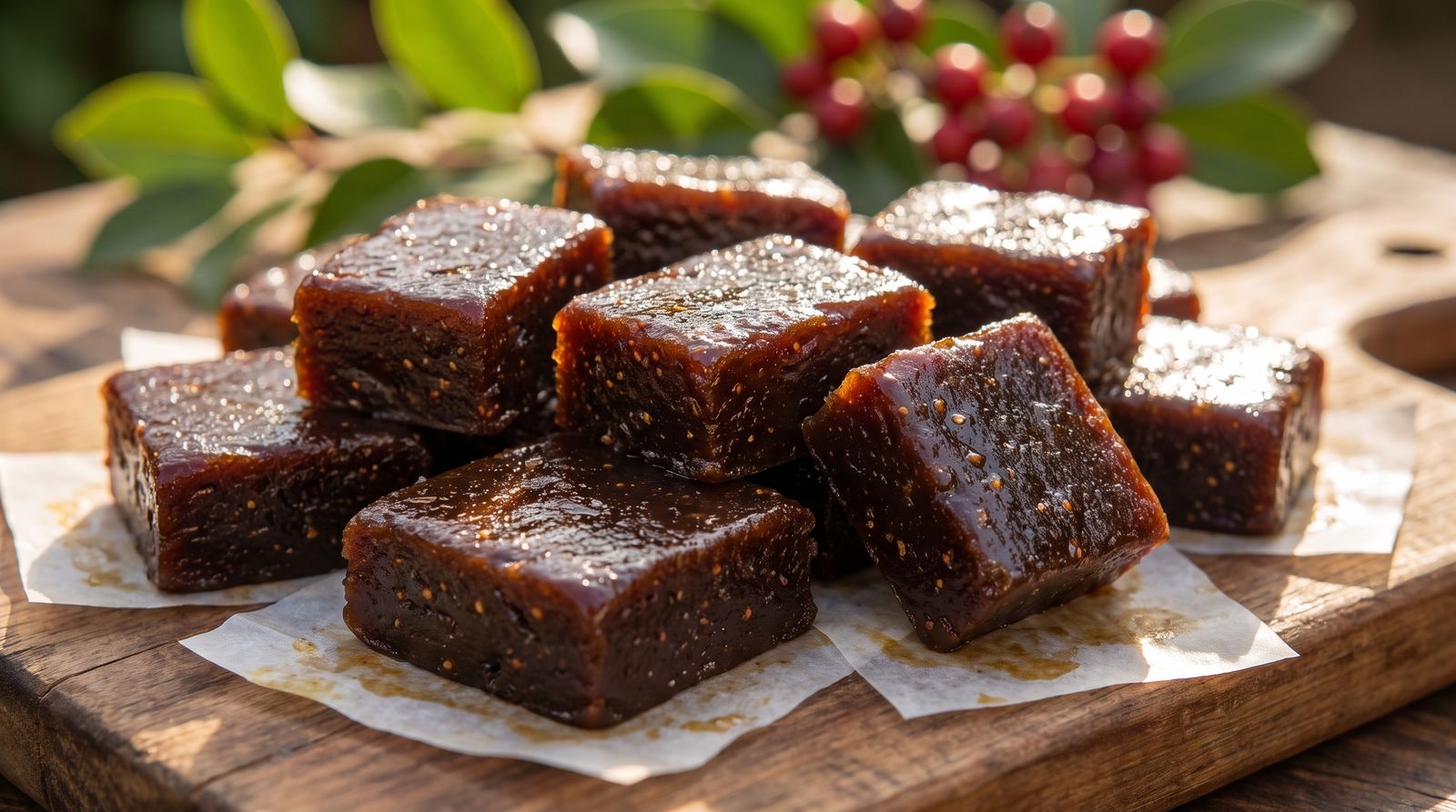 Bocadillos Fresly oscuros y brillantes, con semillas de fruta, sobre una tabla de madera